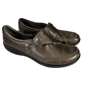 CLARKS BENDABLES Metallic Bronze Loafers Flats Genuine Leather Slip On Shoes  7